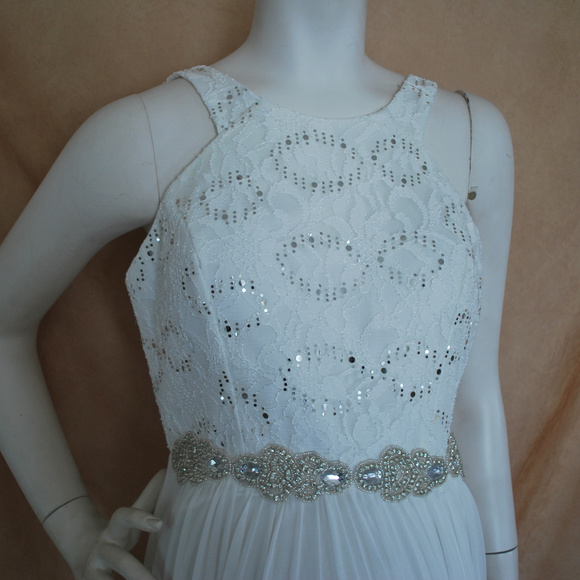 Long Ivory Lace Chiffon Rhines Round Neck Vneck - Picture 3 of 6
